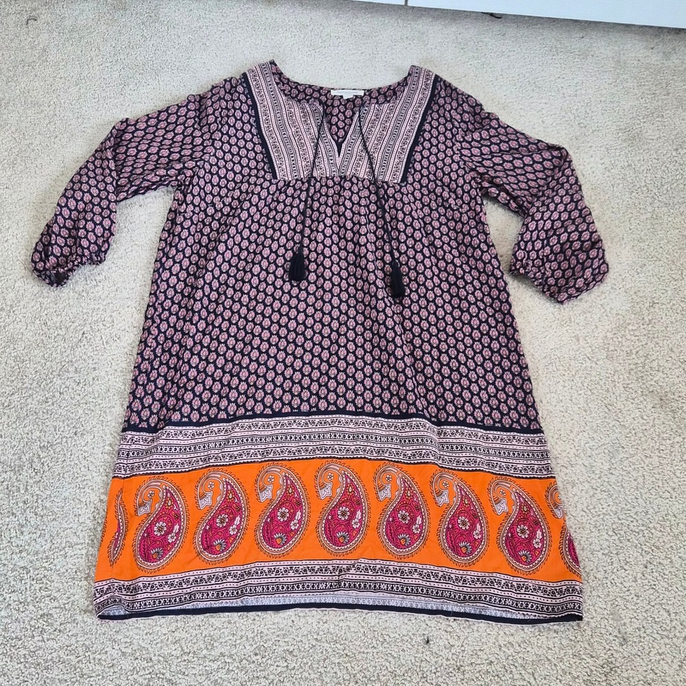 Beachlunchlounge Paisley Tunic Dress Small Navy Orange Boho Tassel Shift Mini